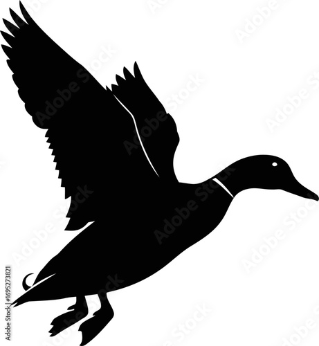 dynamic duck in flight black silhouette icon of graceful soaring, freedom, and wild nature, isolated on transparent background