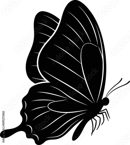elegant black butterfly silhouette icon of transformation, natures grace, and serene beauty, isolated on transparent background