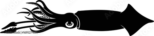 elegant squid silhouette oceanic depth, ink black elegance, nautical design icon, isolated on transparent background