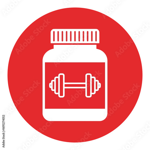 Art of white supplement bottle with dumbbell icon inside a red circle, representing fitness and health