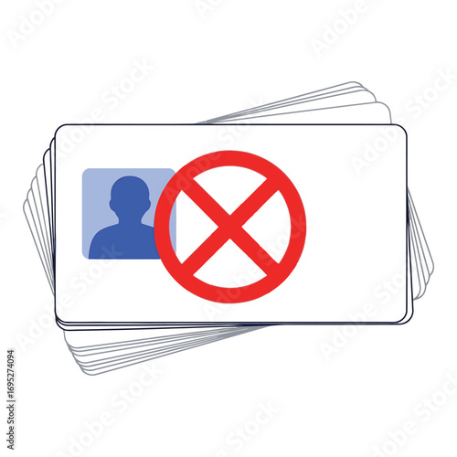 Art of stack of id cards with a person silhouette and a red prohibition sign, indicating denied access or invalid identification