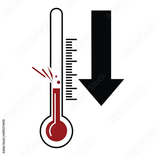 Art of thermometer showing a low temperature with a downward arrow, isolated on white background