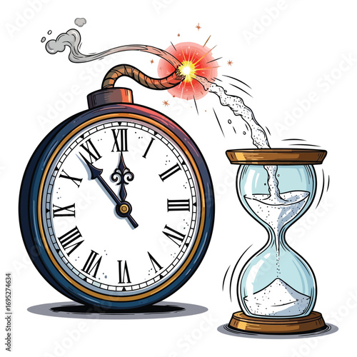 Art of exploding clock bomb with hourglass, symbolizing a dangerous and urgent deadline or countdown, isolated on white background