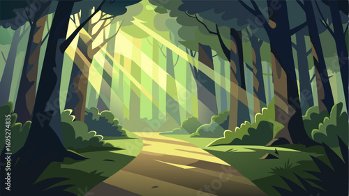 Dappled sunlight filters through the dense foliage creating a mesmerizing dance of shadows on the forest floor.