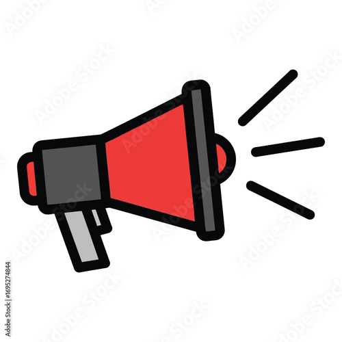 Art of red megaphone with sound waves, representing announcements, promotions, and public communication, isolated on a white background