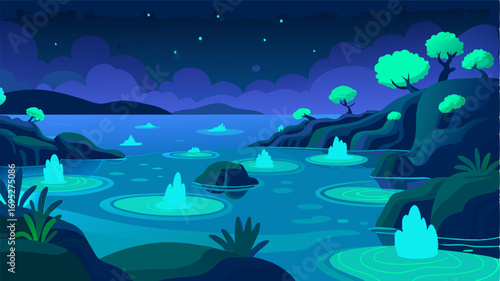 As night falls the bioluminescent plankton illuminates the coral lagoon creating a breathtaking display of glowing blue and green lights.