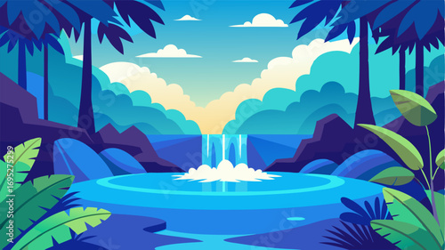 A serene pool at the base of a tropical waterfall deep shades of blue reflecting the vibrant foliage and clear blue sky above.