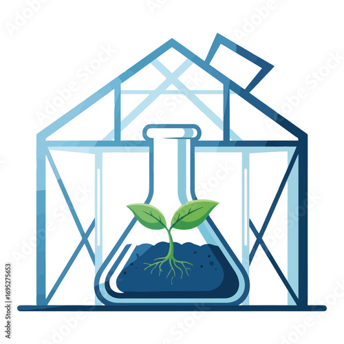 Art of a plant growing inside a laboratory flask within a greenhouse structure, symbolizing scientific research and development
