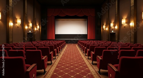 Empty vintage cinema hall with red carpet and glowing screen ready for movie premiere