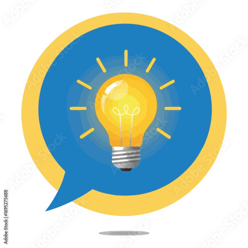 Art of a glowing light bulb inside a speech bubble, representing a bright idea, innovation, and creative thinking