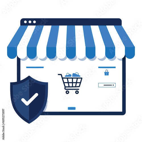 Art of secure online shopping store interface with a shield icon, representing safe ecommerce transactions and protected purchases