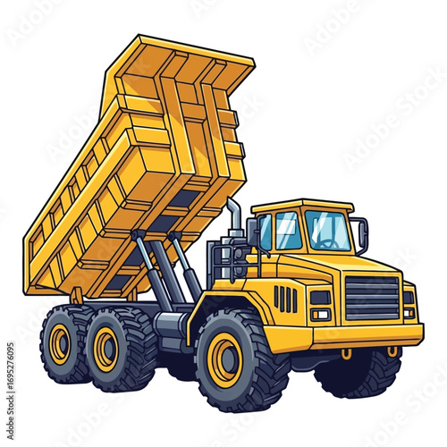 Art of yellow dump truck with raised bed, isolated on white background