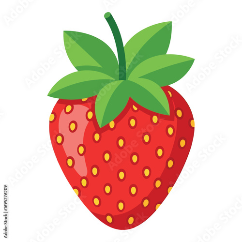 Art of a vibrant, flat design of a ripe red strawberry with green leaves and stem, isolated on a white background