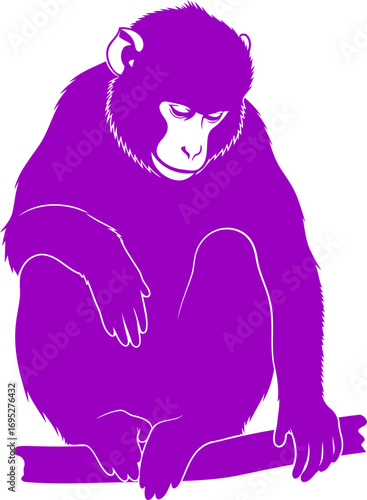 pensive purple monkey silhouette icon of quiet contemplation, introspective primate, and serene jungle wisdom, isolated on transparent background