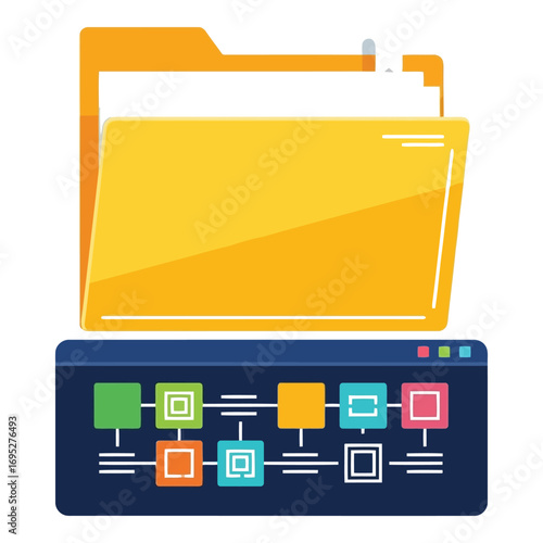 Art of an open yellow folder filled with documents above a digital interface displaying a connected process or workflow, symbolizing data organization and management