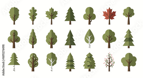 Collection of flat design tree illustrations for graphic design and nature themed projects with different shapes
