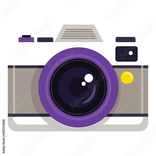Art of stylized of a vintage camera with a purple lens, isolated on white background