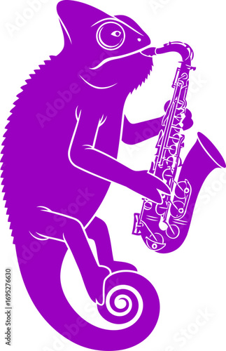 purple chameleon saxophone player a emblem of unique musical flair and unexpected virtuosity, isolated on transparent background