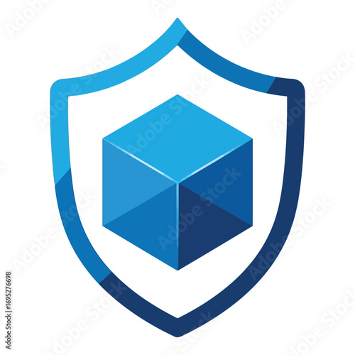 Art of blue shield with a cube inside, symbolizing data security and protection, isolated on white background