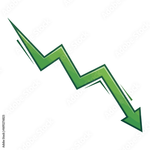 Art of green downward trending arrow symbolizing financial decline and market crash, isolated on white background