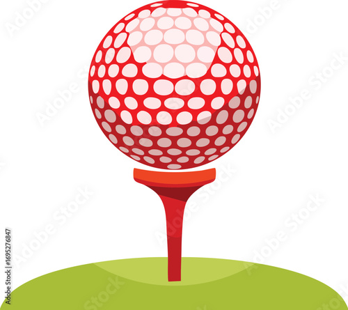 A red and white golf ball on a red tee, sitting on a patch of green grass. An isolated vector illustration for the sport of golf and leisure activities. Generative AI