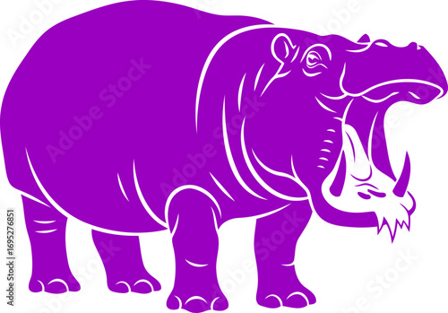 purple hippopotamus silhouette icon of african river power, mighty beast, and wild nature, isolated on transparent background