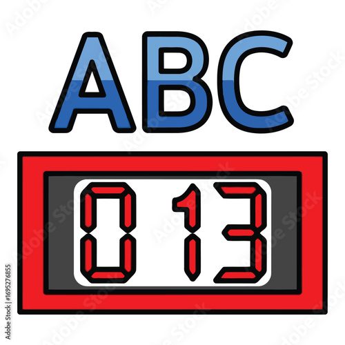 Art of the letters abc above a digital display showing the number 013, representing learning and data, isolated on white background