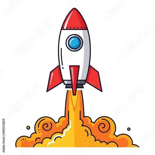 Art of a stylized rocket launching with fiery exhaust and smoke, symbolizing progress and innovation, isolated on white background