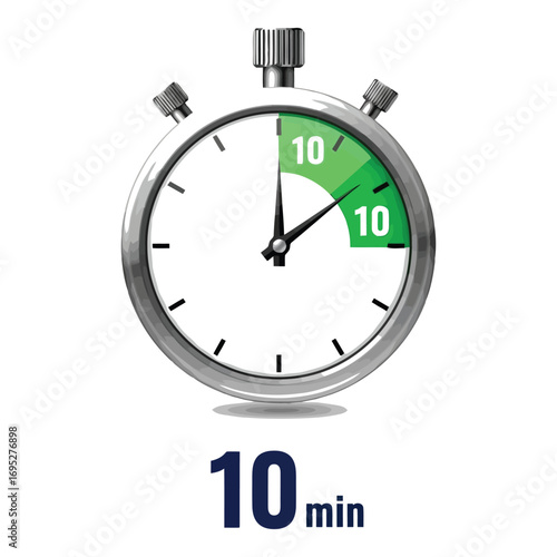 Art of closeup of a stopwatch showing 10 minutes, isolated on white background
