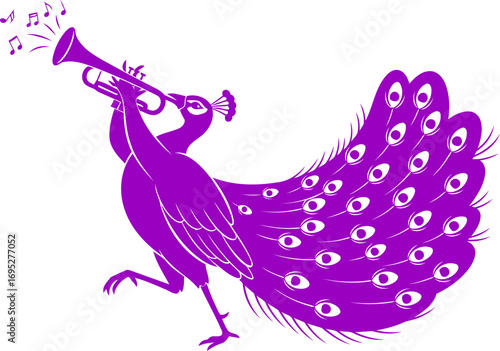 purple peacock trumpet player a emblem of musical elegance and avian majesty, isolated on transparent background