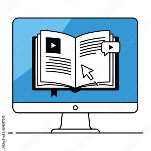 Art of desktop computer displaying an open book with play icons, signifying online learning and digital education resources