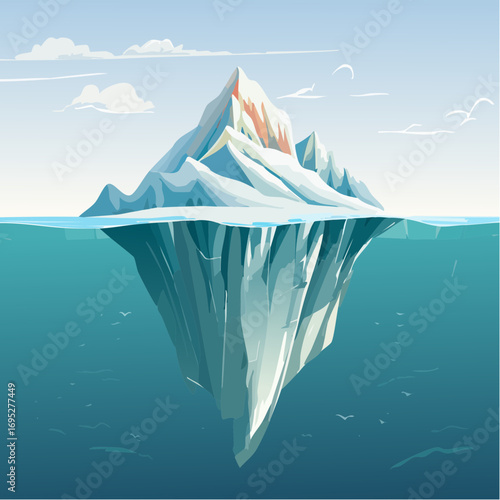 mountain landscape with blue sky iceberg over the water with underwater view