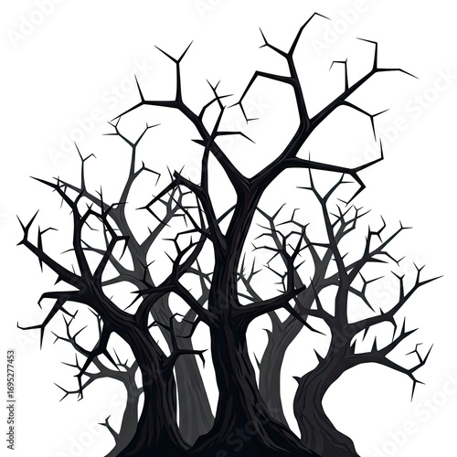 Spooky Bare Tree Branches Silhouette Against White Background.