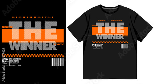 Urban streetwear fashion t-shirt with bold typography “The Winner”, orange block graphics, barcode, and modern checker racing style design on black background