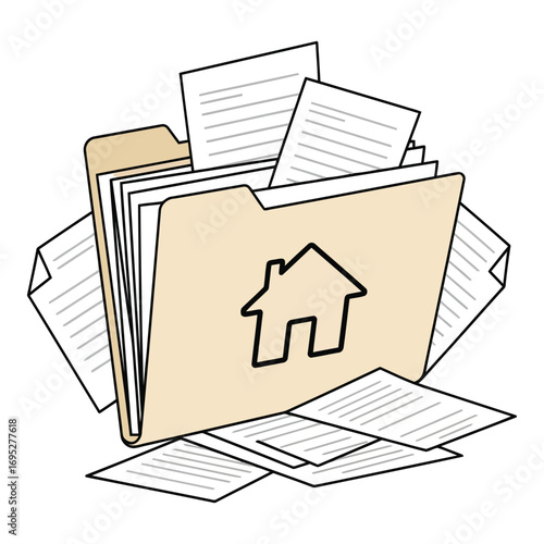 Art of a manila folder overflowing with documents and papers, featuring a house icon, isolated on white background