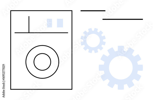 Washing machine icon beside interlocking gear mechanisms representing technology, efficiency, and mechanism. Ideal for engineering, repair, maintenance, appliances, automation, sustainability