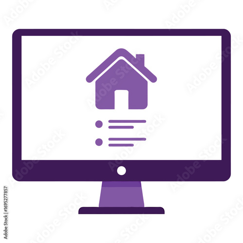 Art of computer monitor displaying a house icon and a list of options, isolated on white background
