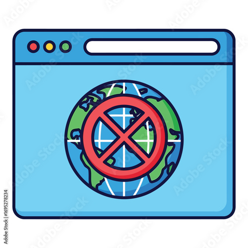 Art of a browser window displaying the earth with a red prohibition sign, indicating internet access restriction or website blocking