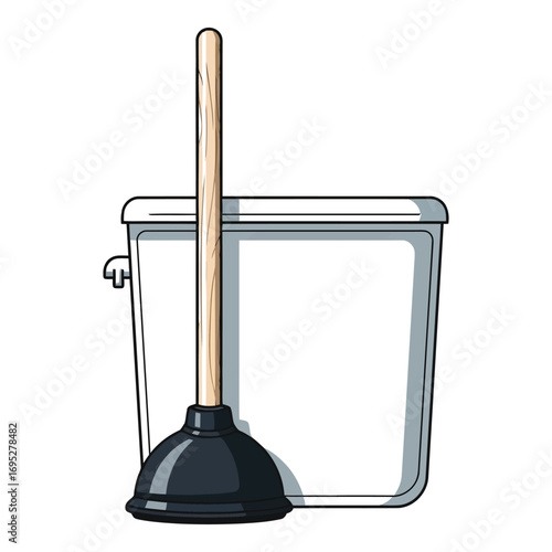 Art of plunger in front of a toilet tank, isolated on white background