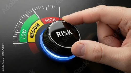 A persons finger adjusts a risk control dial, moving from low to high settings on a gauge
