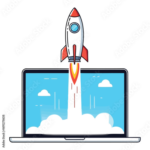 Art of rocket launching from laptop screen, symbolizing business growth and technological innovation, isolated on white background