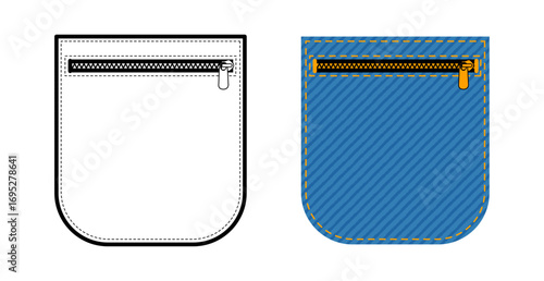 Patch Pocket with Zipper Rounded Jeans technical fashion illustration. Flat apparel line template and color. Women, men unisex style item CAD mockup isolated on white background 