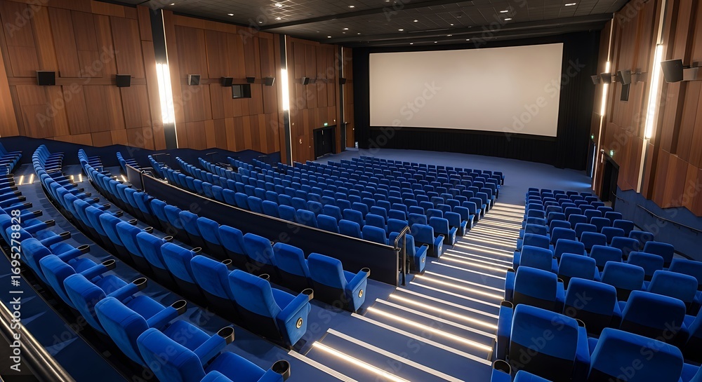 Obraz premium Empty cinema theater with rows of blue seats and bright projector light beams on the screen