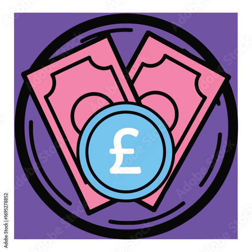 Art of a vibrant purple circle contains two pink banknotes and a blue coin with the pound symbol, representing finance