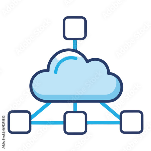 Art of cloud network diagram with connected nodes, representing data flow and connectivity, isolated on white background