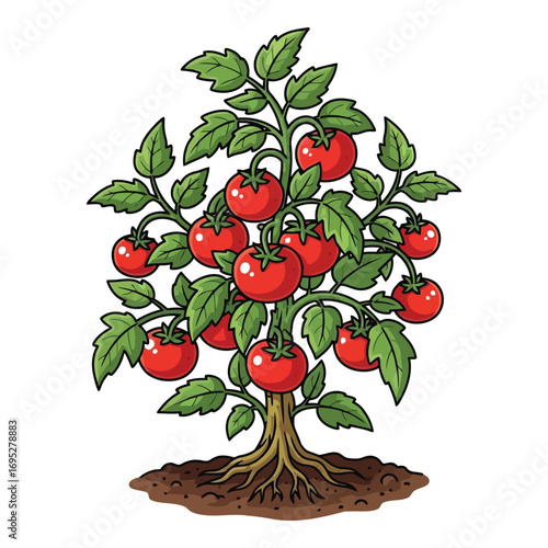 Art of a healthy tomato plant laden with ripe red fruits, showcasing natural growth and abundance in a garden setting