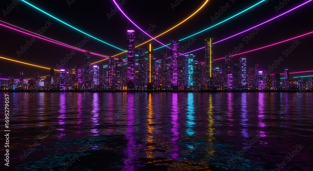 Fototapeta premium Neon Cityscape: Vibrant Nightscape with Water Reflection