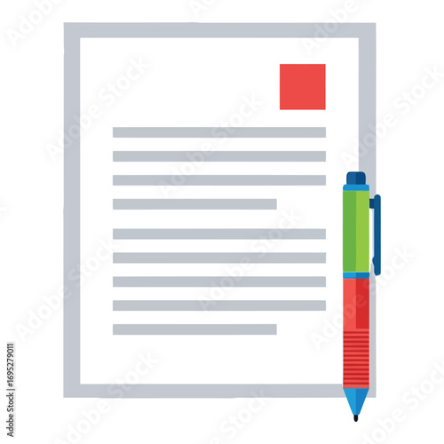 Art of a pen rests on a document with lines of text and a red square in the corner, isolated on white background