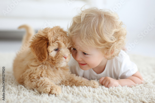 joyful child is embracing puppy on soft rug radiating happiness and love