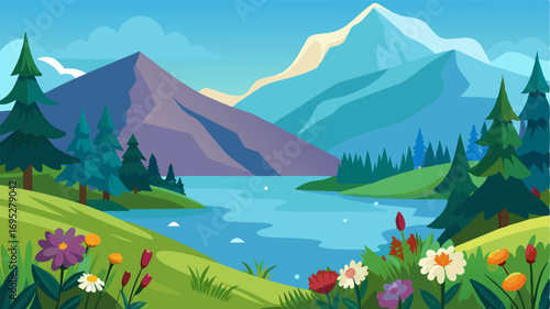 At the edge of a deep serene lake lies a picturesque mountain glade with vibrant wildflowers and a tranquil atmosphere.